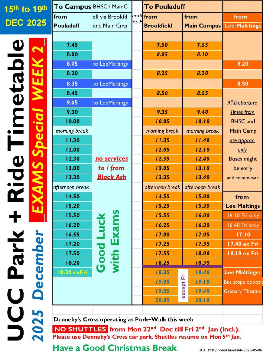 Park & Ride Timetable 15th - 19th December 2025
