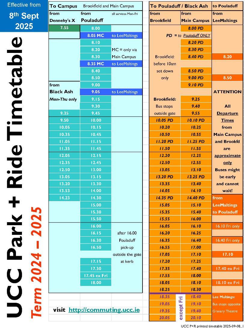 Park and Ride Timetable 2025-2026