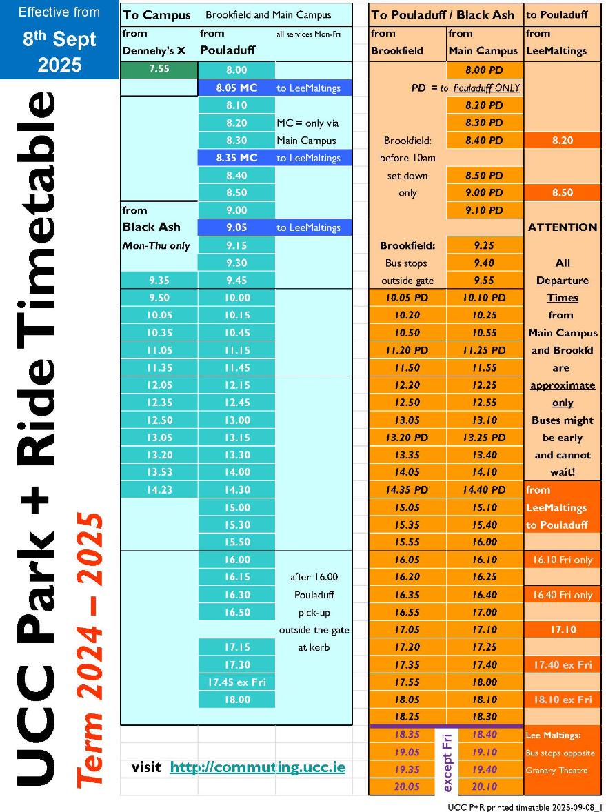 Park and Ride Timetable 2025-2026