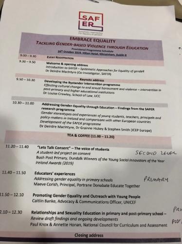 Agenda for Embrace Equality Tackling Gender Based Violence Through Education in Dublin in October 2019