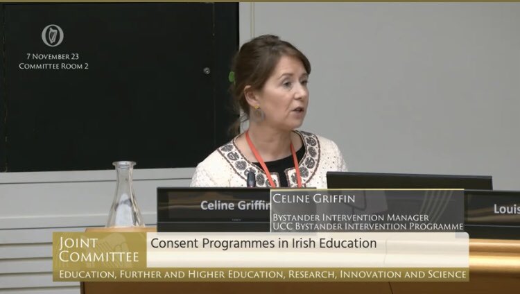 Céline Griffin, Manager of the UCC Bystander Intervention Programme, speaking before the Oireachtas committee
