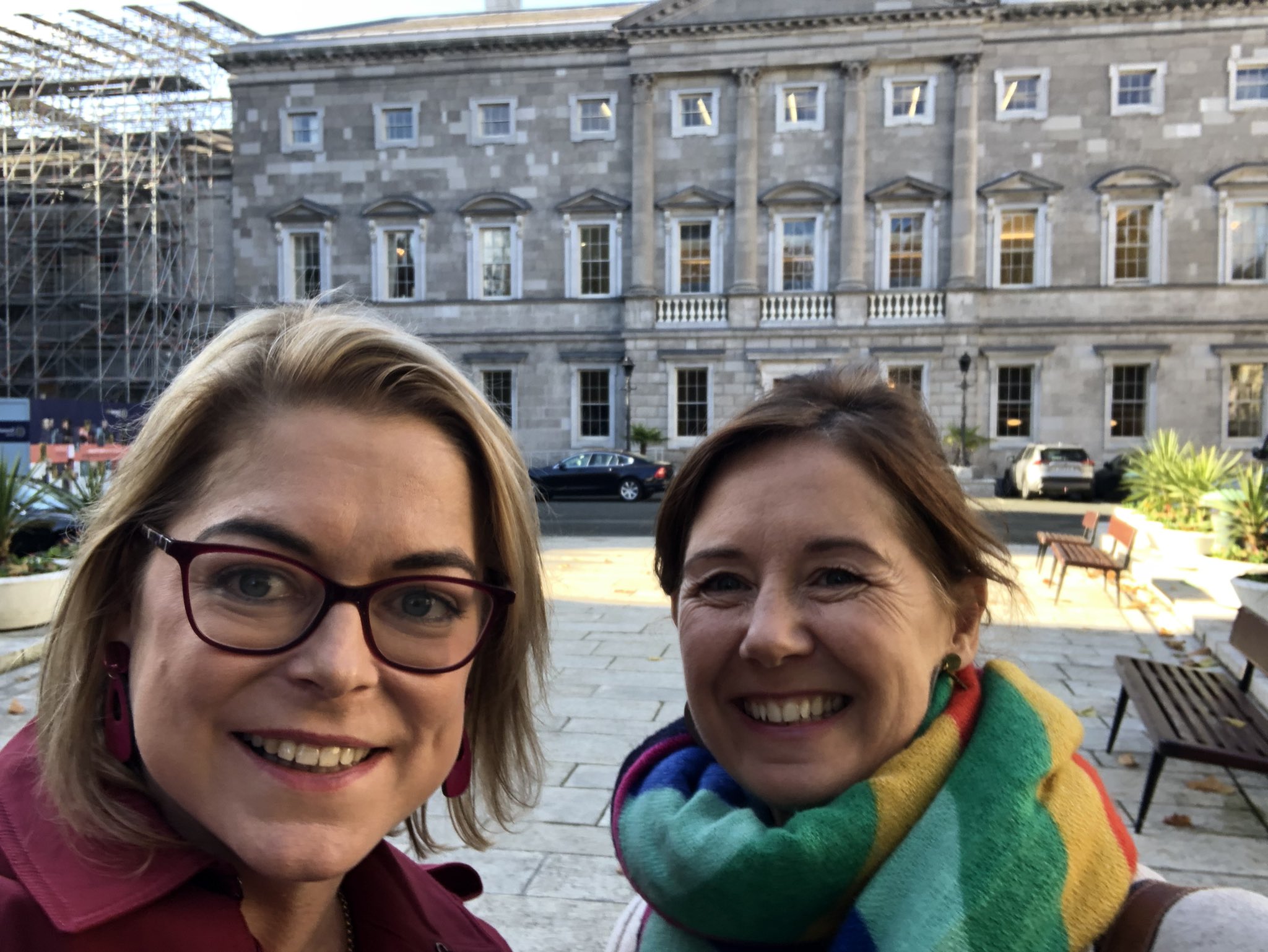 Professor Louise Crowley, Director of the UCC Bystander Intervention Programme, and Céline Griffin, Manager of the same programme, pictured in front of the Oireachtas