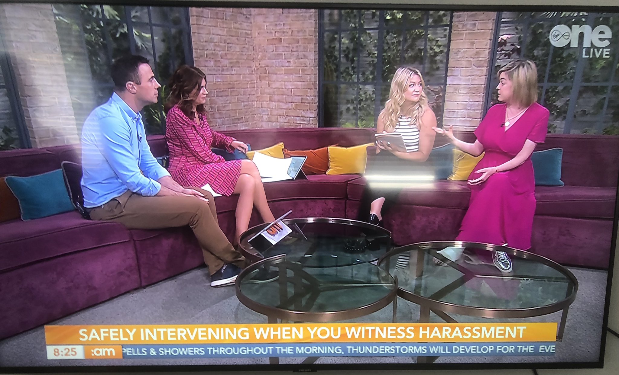 Photo of UCC Bystander Intervention programme director Professor Louise Crowley and journalist Aoife Grace Moore being interviewed by Ireland AM presenters Muireann O’Connell and Tommy Bowe on Ireland AM