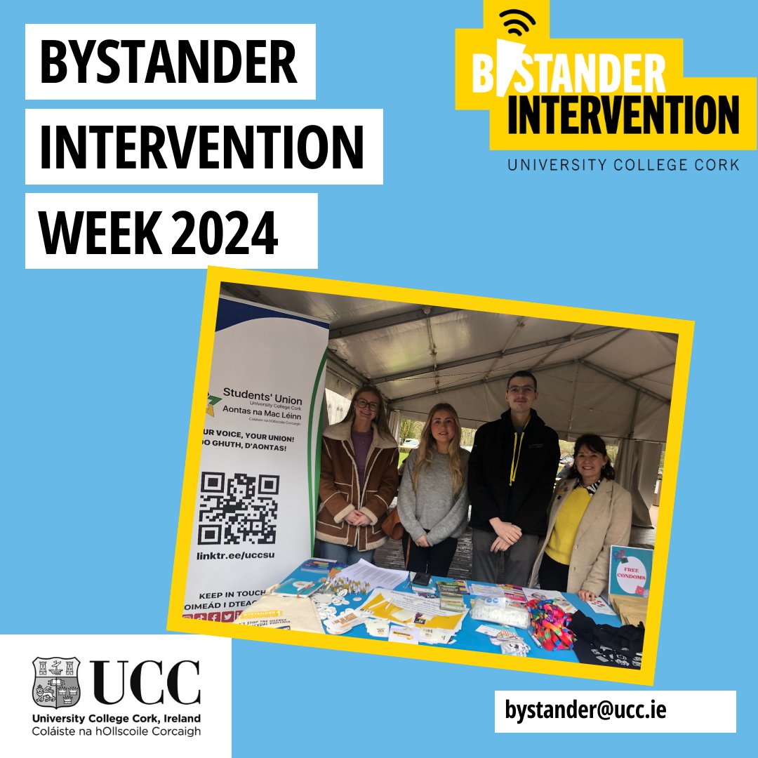 Celine Griffin, Bystander Intervention Programme Manager, with members of UCC Student Union at the Bystander Intervention Week stand on UCC campus