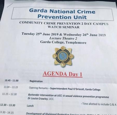 Photo of agenda for day 1 of Garda Training College Campus Watch seminar