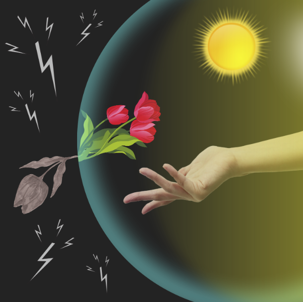 Digital artwork of a hand reaching out, with blooming flowers and a sun, all encased within a protective bubble, while outside the bubble are dangerous bolts and wilting flowers.