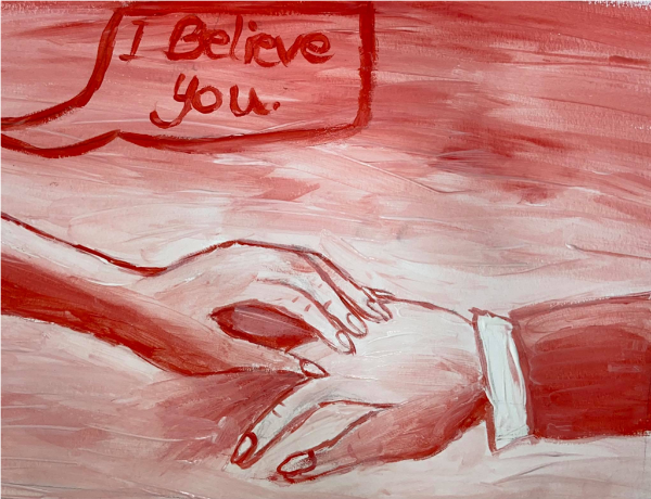 Painted artwork of the hand of an active bystander touching the hand of a survivor while saying the words 