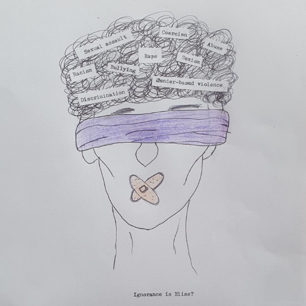 Artwork depicting person with blindfold over eyes, tape over mouth and various words in their hair 