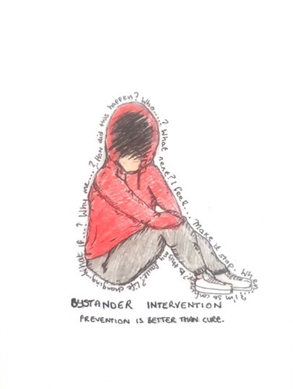 Artwork of sitting young person in a red hoodie, surrounded by the phrases 