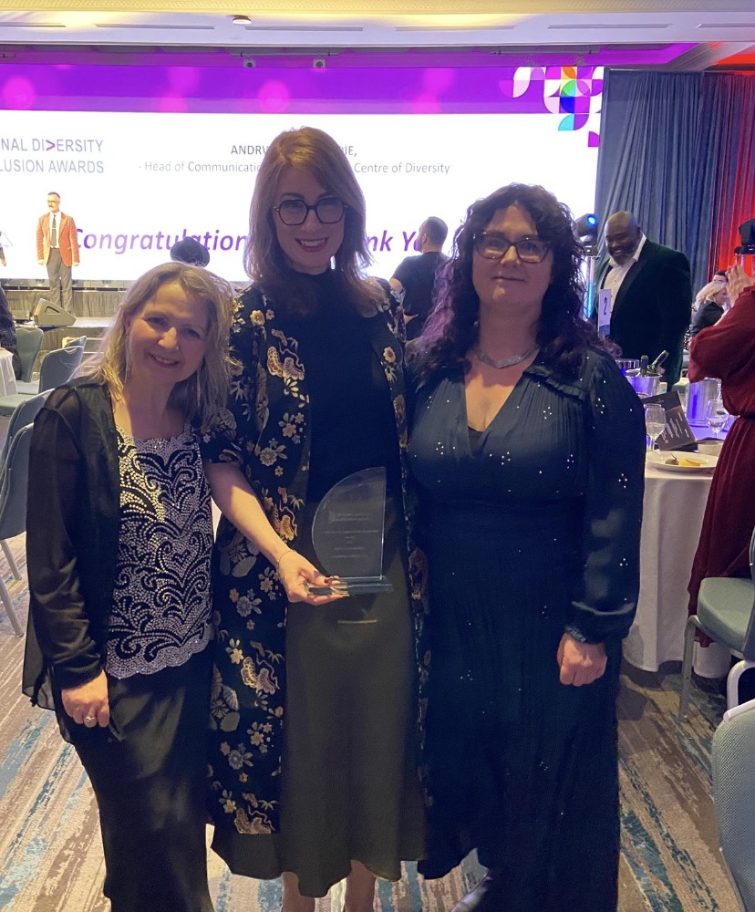 Katarzyna (Kasia) Pyrz, Dr Avril Hutch and Annette Feeney from UCC EDI Unit holding their NDI Highly Commended award.