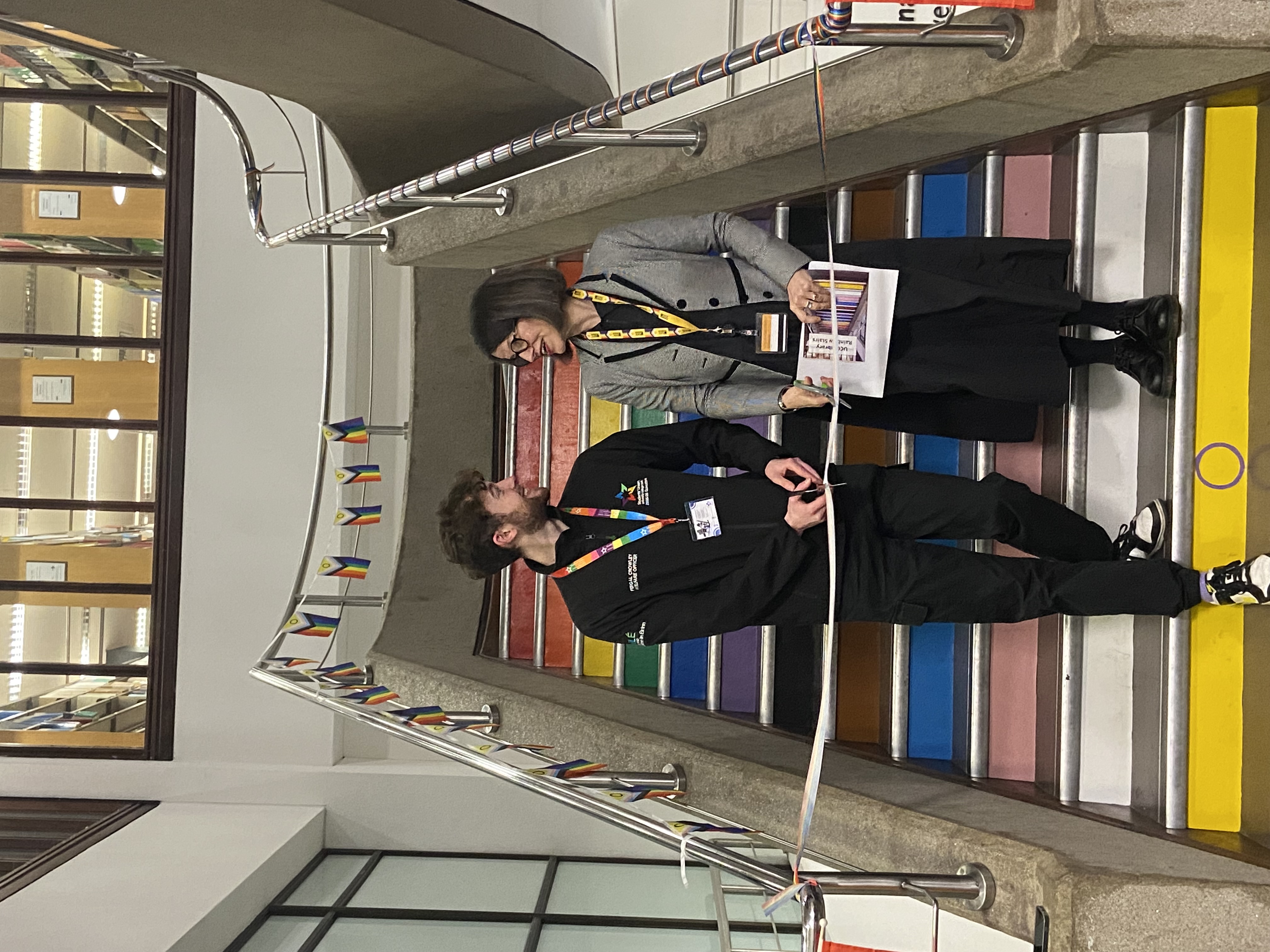 UCCSU Welfare Officer, Fergal Crowley and University Librarian, Liz Jolly open the Boole Library Rainbow Staircase.