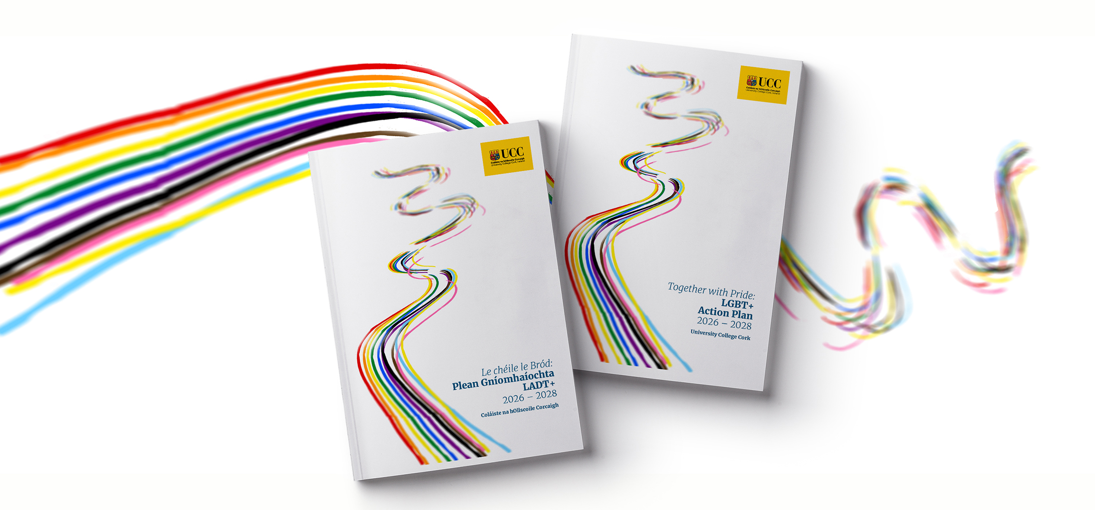 The front covers of the English and Irish versions of the LGBT+ Action Plan et against a rainbow ribbon