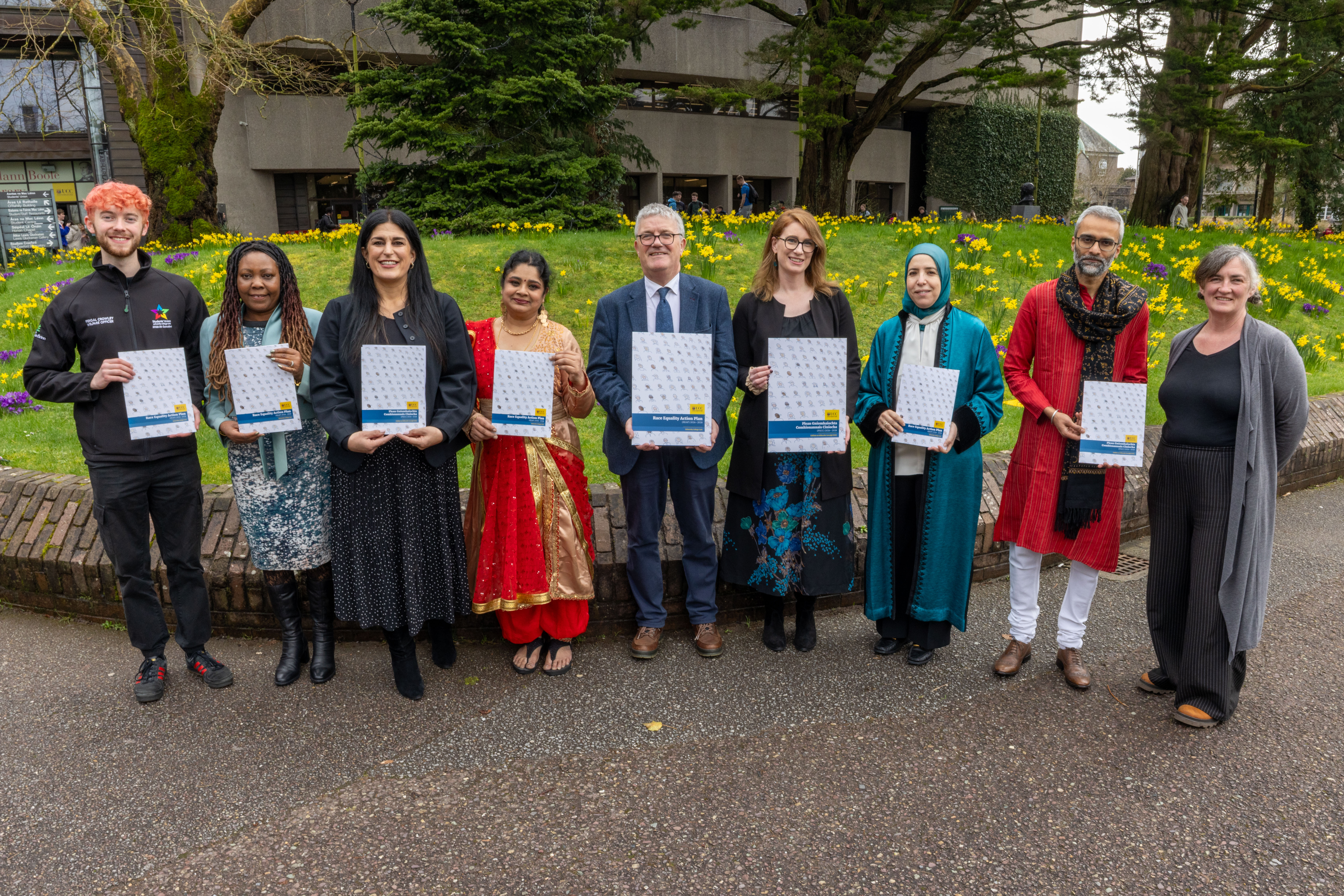 L-R: Fergal Crowley (UCCSU welfare Officer), Dr Naomi Masheti (Director, Cork Migrant Centre), Dr Claire Raissian (Post-Doctoral Researcher ACoRN Project and Working Group Co-Chair), Dr Lekha Margassery (Technical Officer, School of Microbiology and Working Group Co-Chair), UCC President John O'Halloran, Dr Avril Hutch (EDI Director), Dr Sanaa Khabbar (English Language Teacher and Race Equality Network Co-Chair), Dr Jatin Nagpal (Lecturer in Pharmacology and Therapeutics and Race Equality Network Co-Chair) and Anne-Marie Curtin (EDI Officer and Working Group Co-Chair).