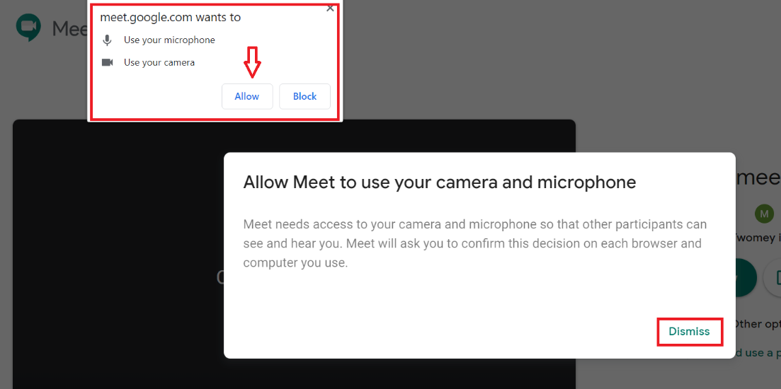 screenshot of google meet browser permissions