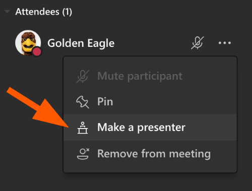 screen shot of the make a presenter option in MS Teams