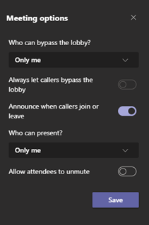 screen shot of the meetings options full menu in MS Teams