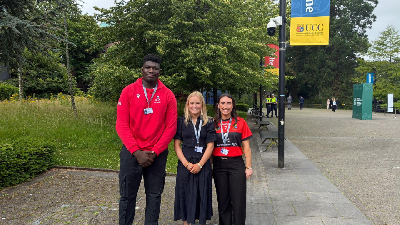 This is a picture of three Quercus Talented Students Programme Scholars, Edwin Edogbo on the left, Robyn Murphy in the middle and Meabh Murphy to the right. They are pictured on UCC campus.