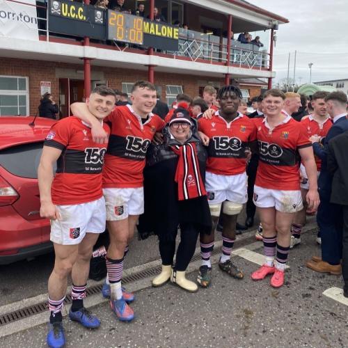 Quercus Sports' Scholars and UCC Rugby Team members, Louis Bruce, Daniel Squires, Nathaniel Sean Edogbo and Darragh French with Quercus Manager, Michèle Power
