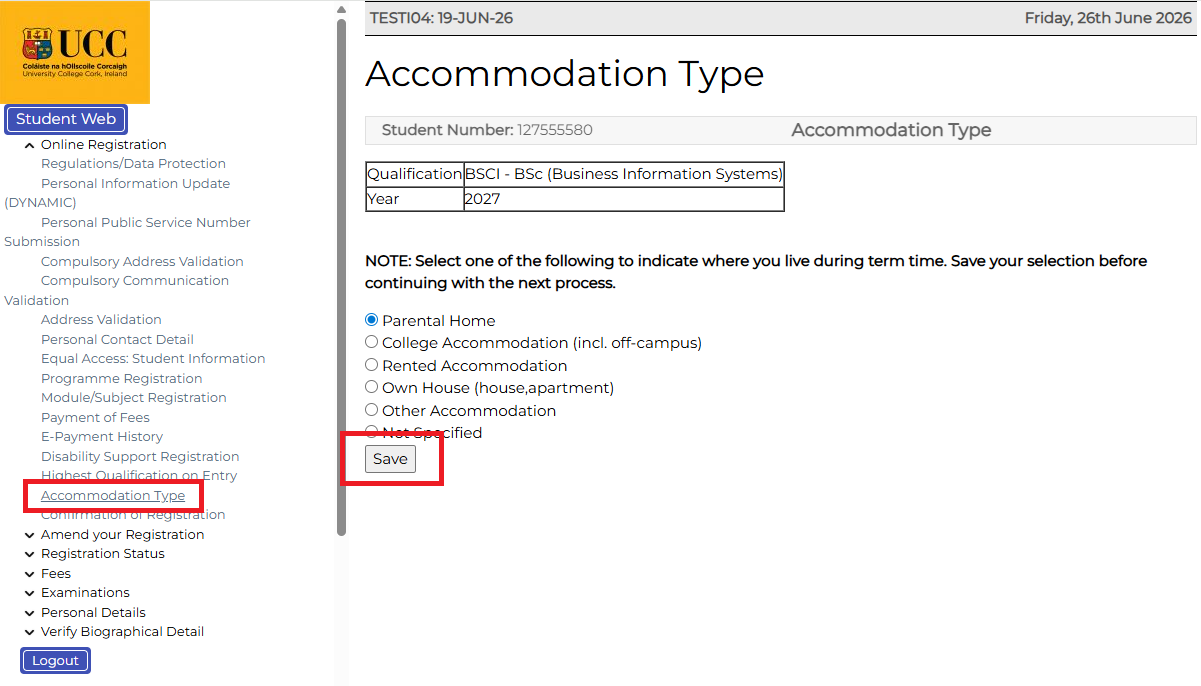Accommodation Type screenshot taken from MyStudentAdmin