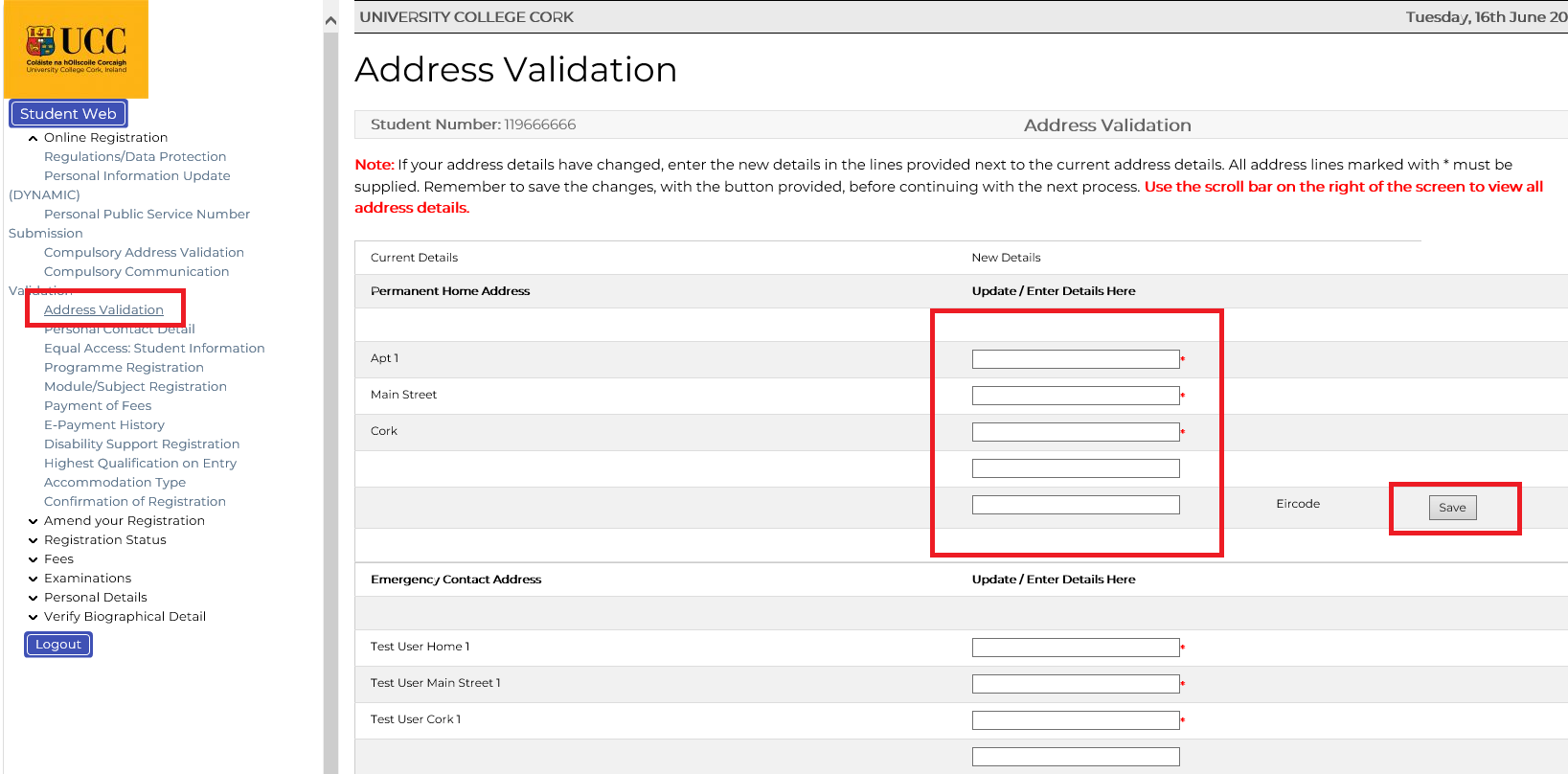 Address Validation screenshot from MyStudentAdmin
