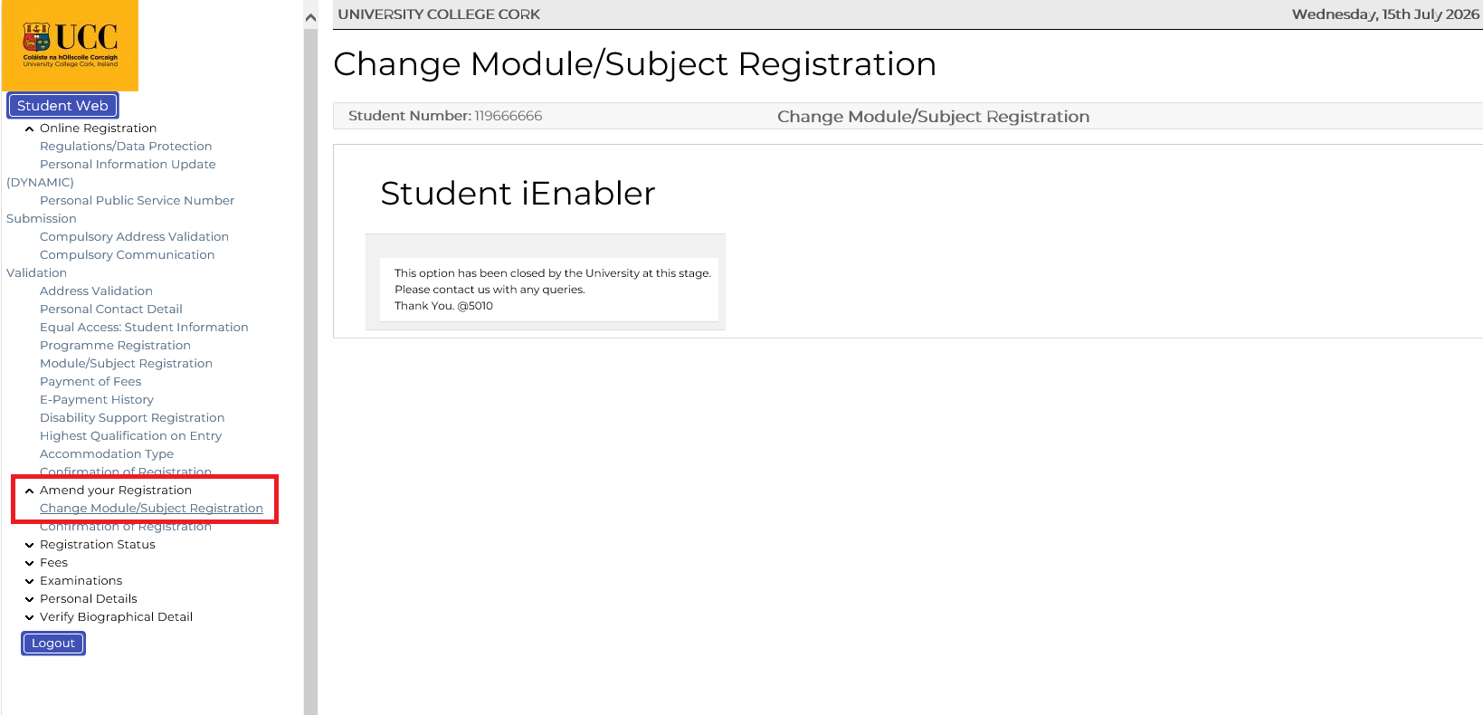 Amend Registration screenshot from MyStudentAdmin