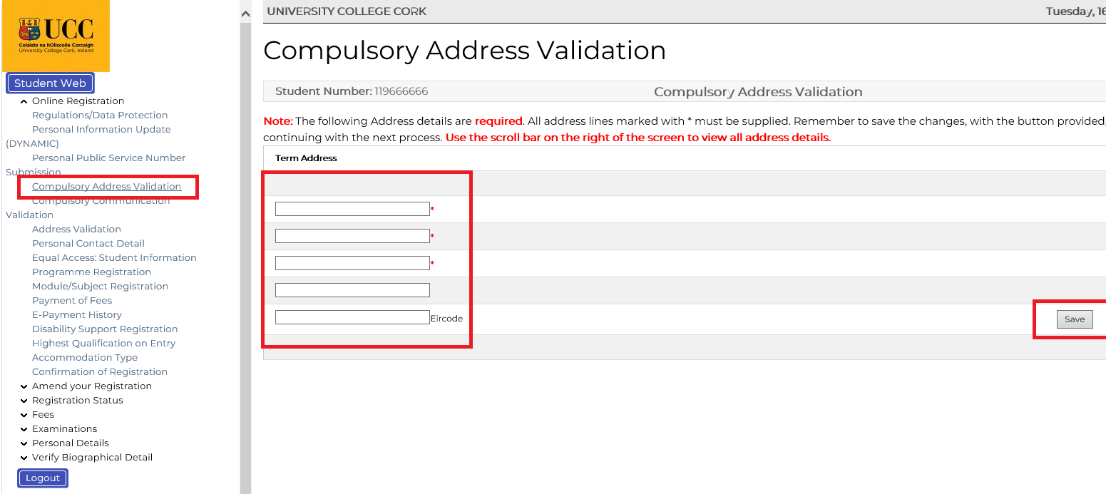 Compulsory Address Validation screenshot from MyStudentAdmin