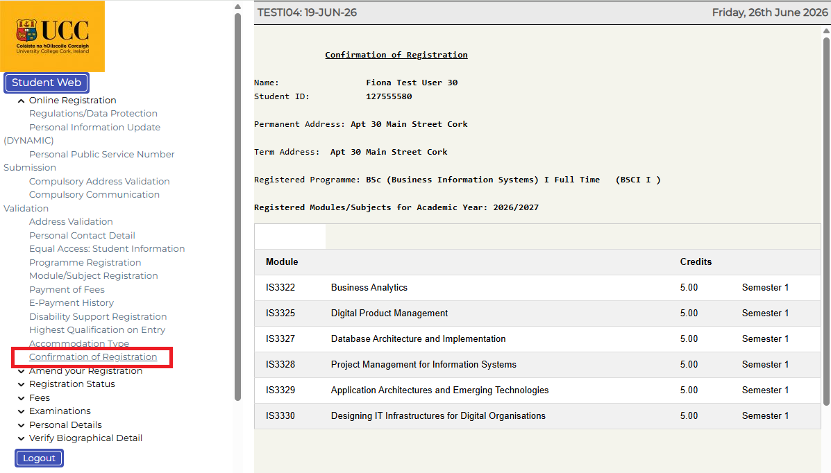Confirmation of Registration from MyStudentAdmin