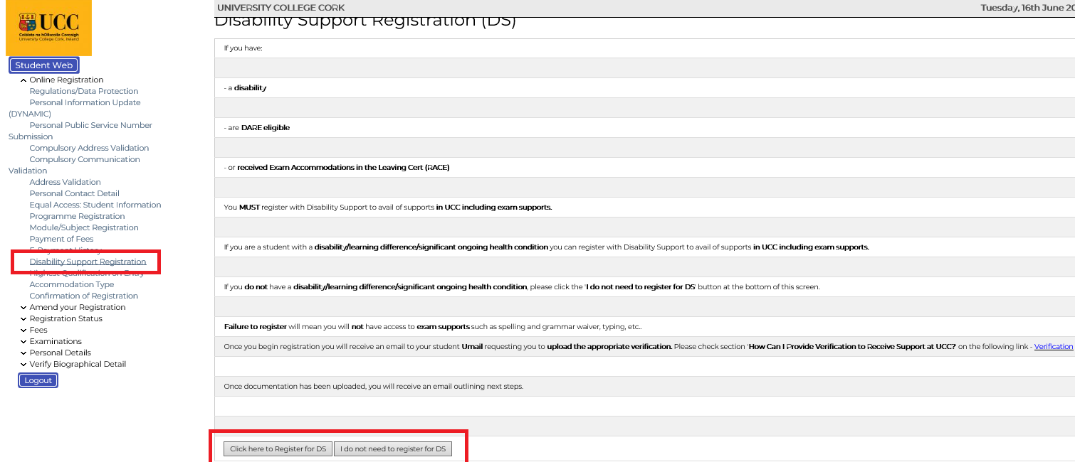 DSS Registration screenshot from MyStudentAdmin