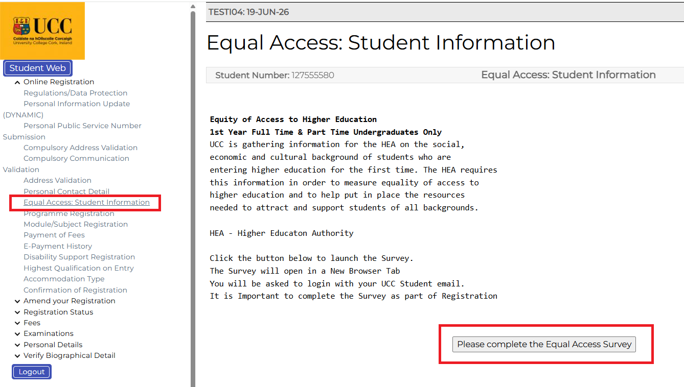 Equal Access Survey screenshot from MyStudentAdmin