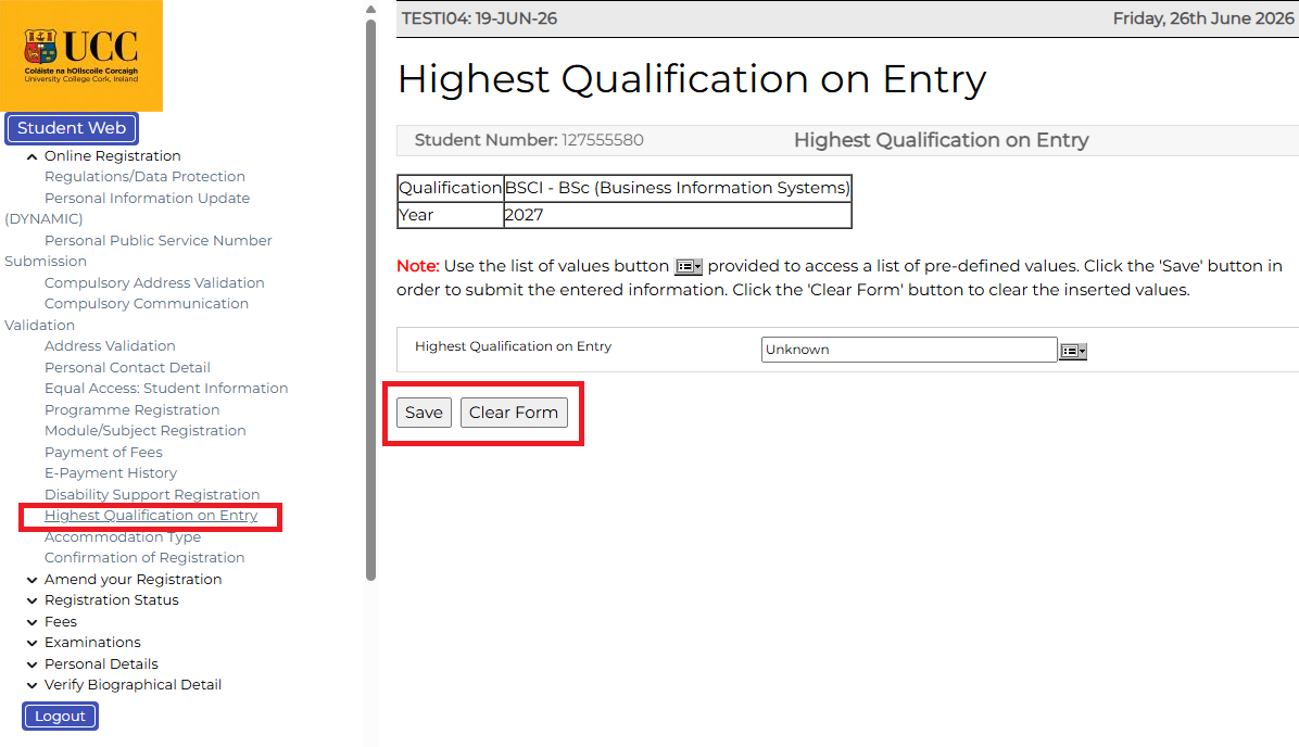 Highest Qualification on Entry screenshot from MyStudentAdmin