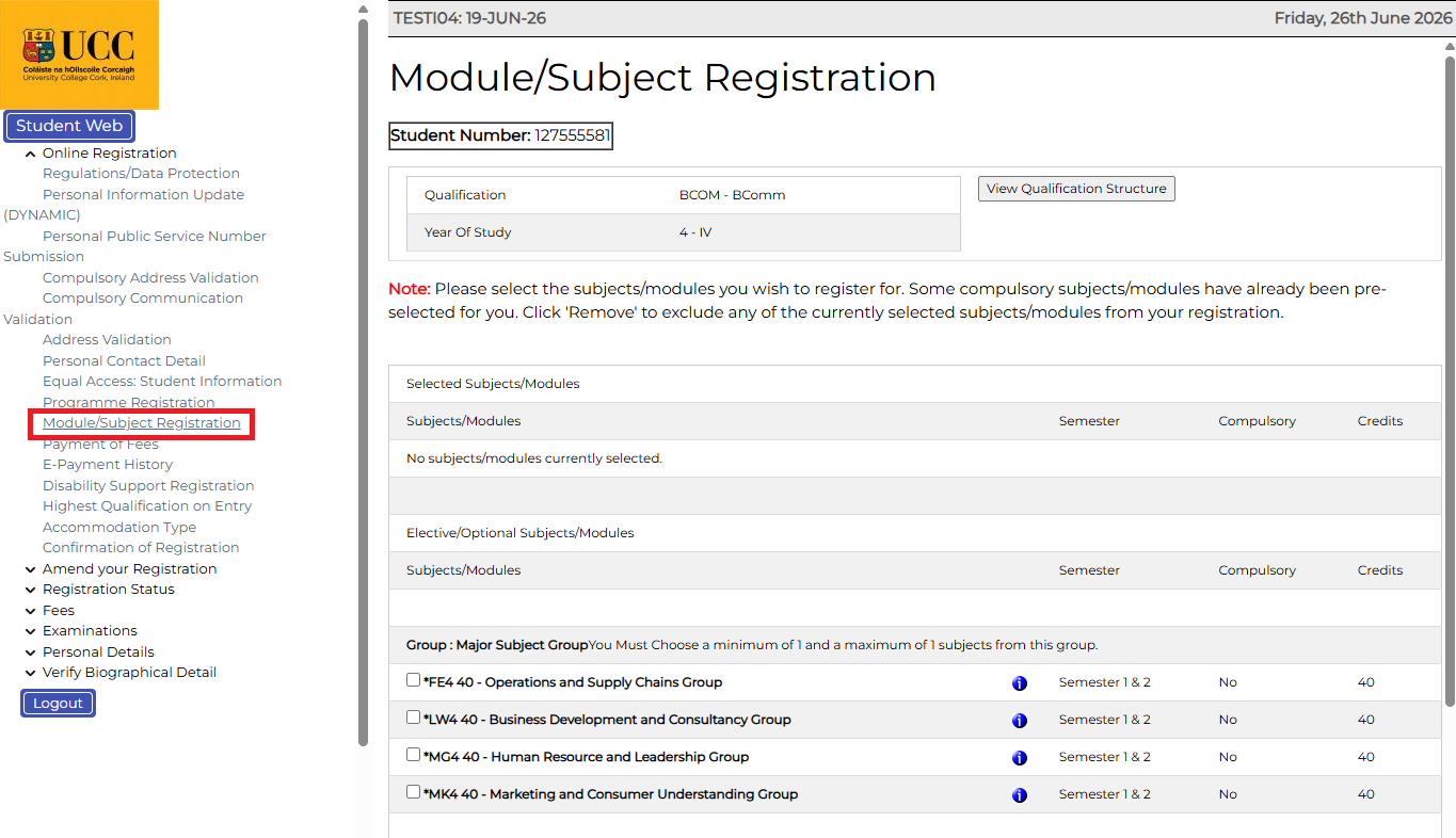 Module Subject Registration screenshot from MyStudentAdmin