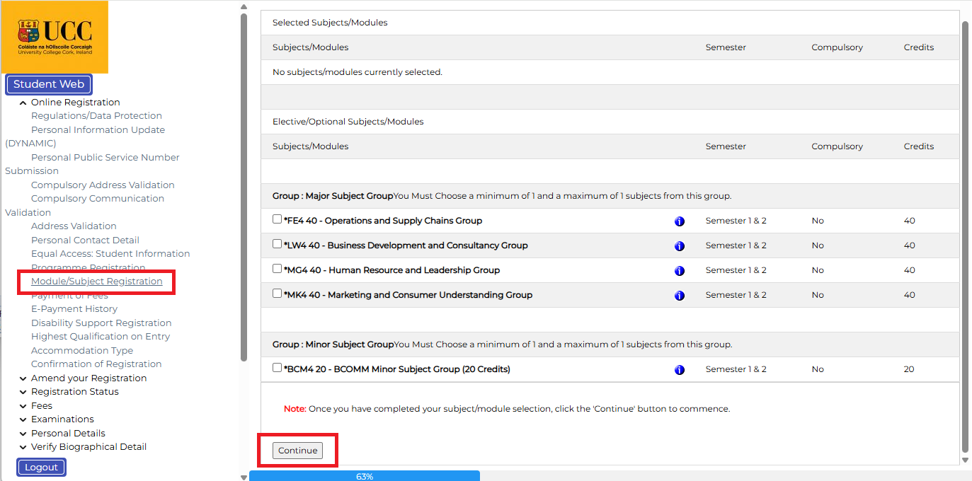 Module Subject Registration from MyStudentAdmin