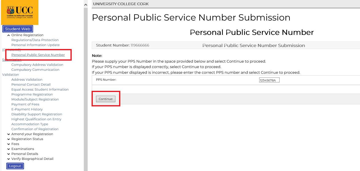 PPS Submission screenshot from MyStudentAdmin