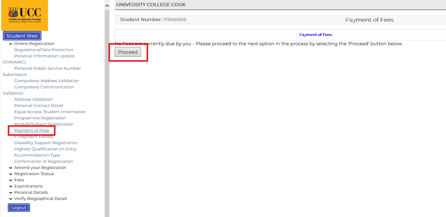 Payment of Fees screenshot from MyStudentAdmin