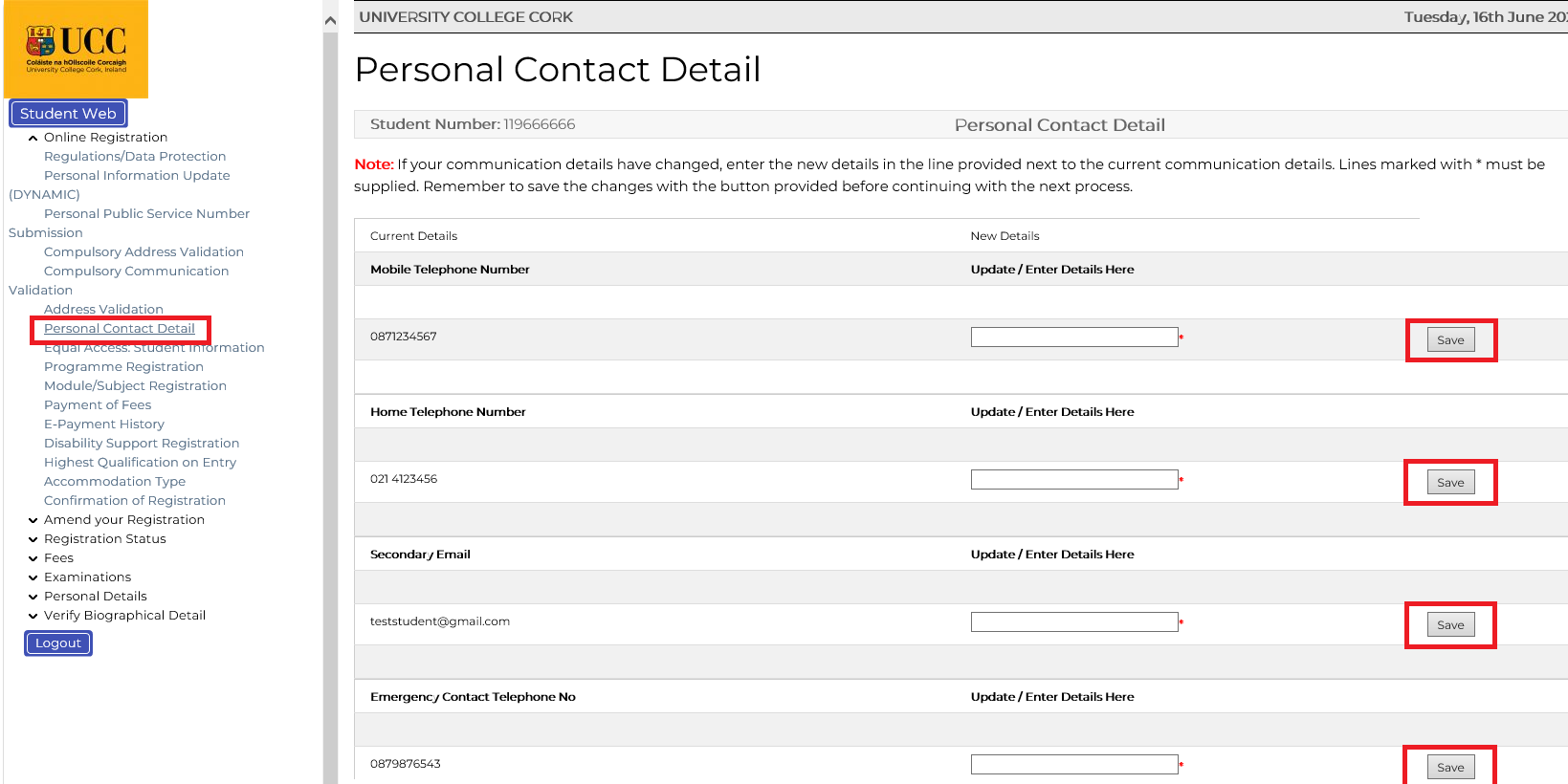 Personal Contact Detail screenshot from MyStudentAdmin