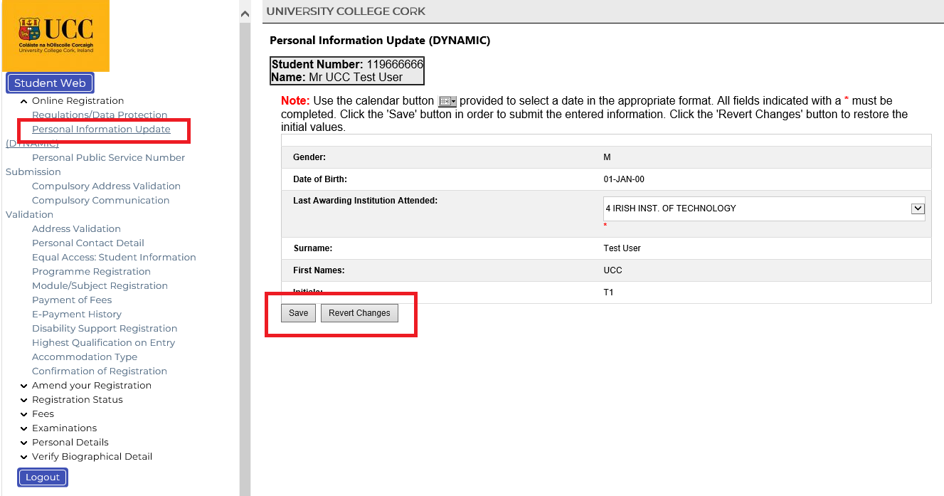 Personal Information Update screenshot, MyStudentAdmin
