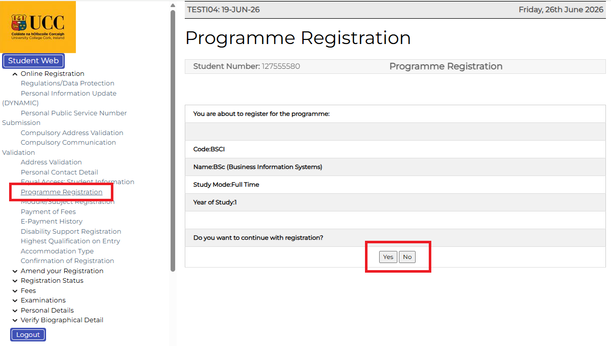 Programme Registration screenshot from MyStudentAdmin