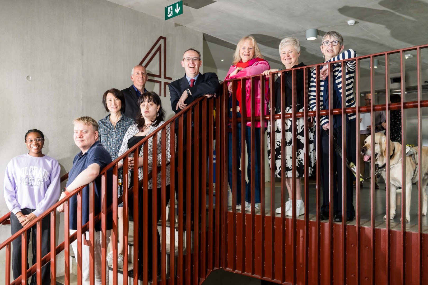 (L-R) Esther Adebayo, student; James Coakley, student; Lilian Joy, University of York; Bonny Murphy, student; Coleman Motherway; Prof. Stephen Byrne, Deputy President and Registrar UCC; Prof. Nuala Finnegan, Dean of Undergraduate and Postgraduate Studies, UCC; Dr. Mary Quirke, Trinity College; Dr. Patricia McCarthy, Trinity College; and Gaston the Dog