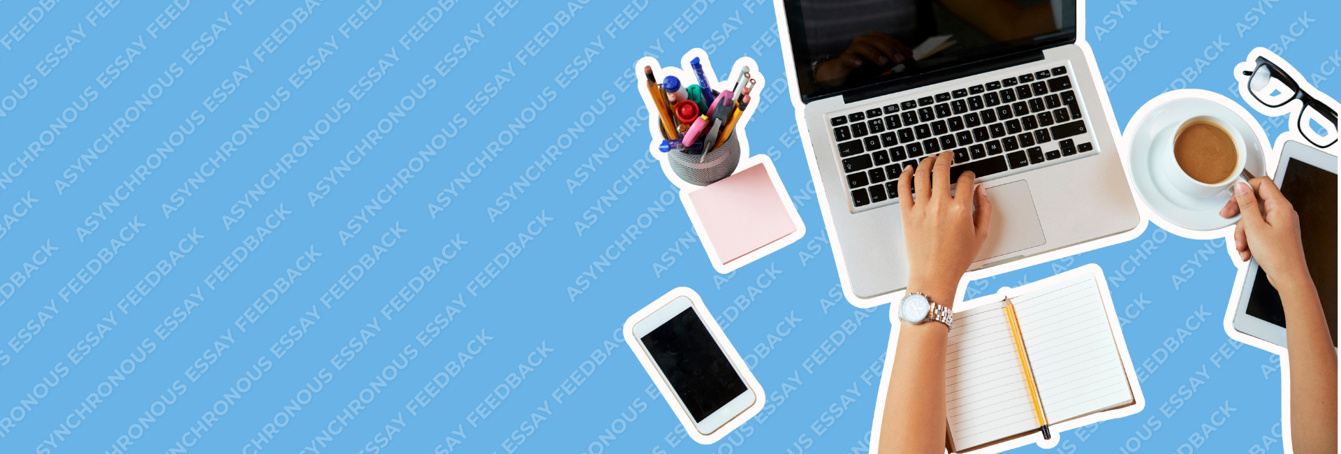 Arms typing at laptop, phone, coffee and pens