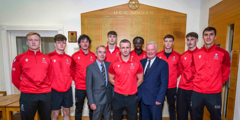 Back Row L to R: Robert Barry, Ronan Murphy, Conor O'Sullivan, Eanna Fitzgerald, Emmanuel Olawuni, Daniel McCarthy Captain, Eric O'Sullivan, John O'Donovan, Front Row L to R: Brian Lennox Chair of UCC Soccer Board, Dave Moore Head Coach of UCC Men's First Team, John MacCarthy President of UCC Soccer (Photographer: Doug Minihane)