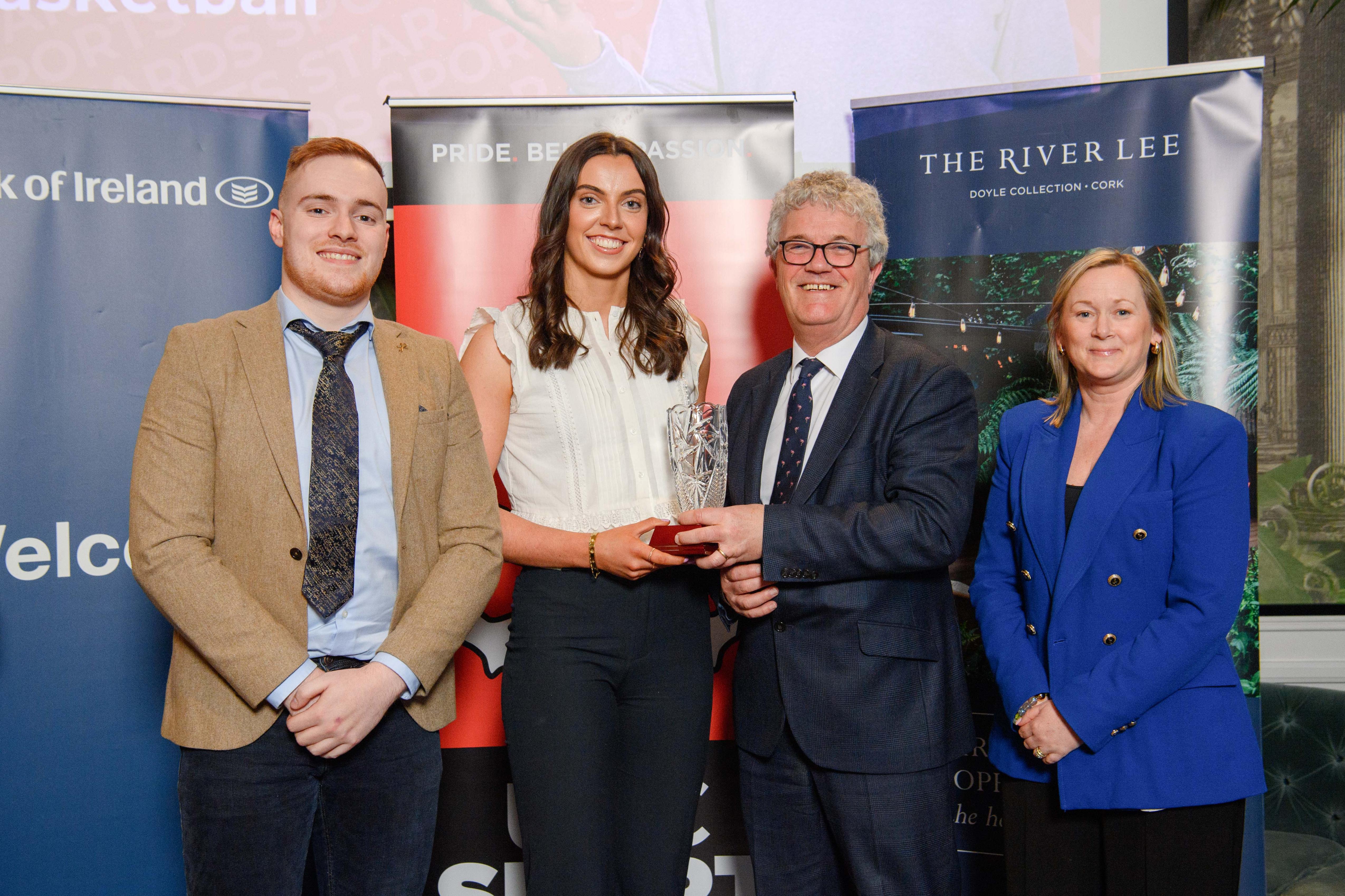 Sports Star Awards 25.26 Left to right, James Towey, Bank of Ireland, Emer Dunne Basketball, Professor John O'Halloran President of UCC, Claire Myler, River Lee Hotel