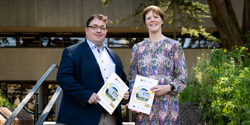 Professor John Cryan, Vice President for Research and Innovation, UCC and Dr Sally Cudmore, Director of UCC Innovation at the launch of UCC Innovation's Impact Report for 2023. Photo credit: Rubén Tapia, UCC AVMS. 