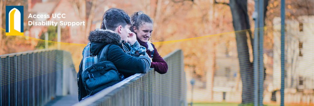 Disability Support Decorative Banner | Students standing on a bridge in UCC overlooking the river