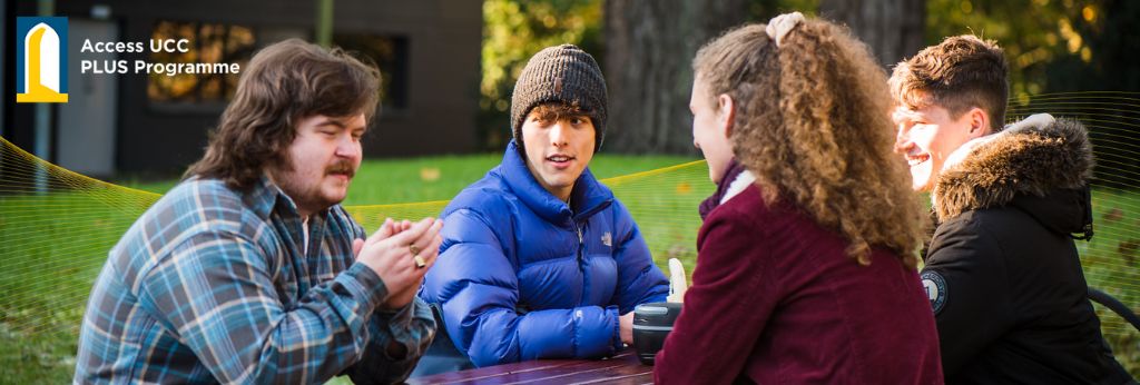 PLUS Programme Decorative Banner | Four students sitting at a picnic bench in UCC