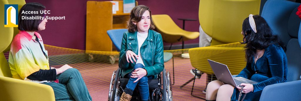 Disability Support Decorative Banner | Three students in conversation at UCC library