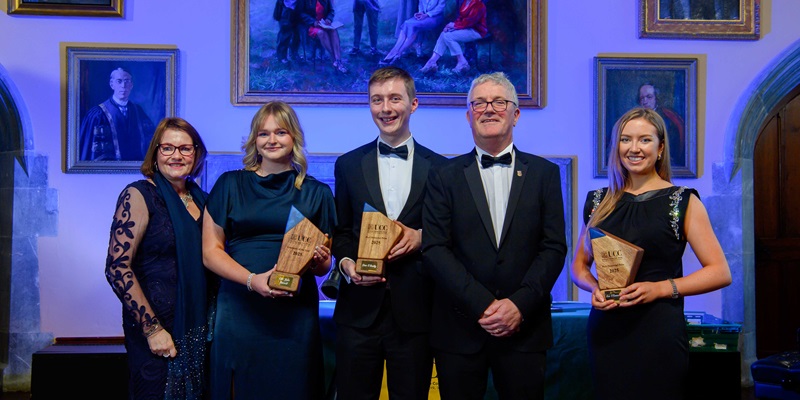 Recent UCC graduates Ella Barrett, Ava O'Donnell and Cian O’Reilly, recipients of the Graduate of the Year Award and Peel Memorial Awards respectively.&nbsp;