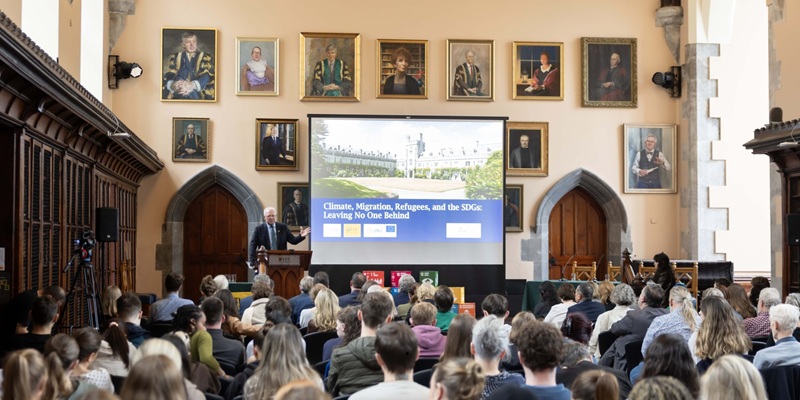 Former ambassador David Donoghue delivering his keynote address at the SDSN event held at UCC on 14 Sept 2026