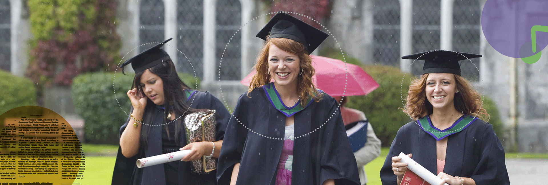 Three young women wearing graduation grounds smiling and walking through UCC campus